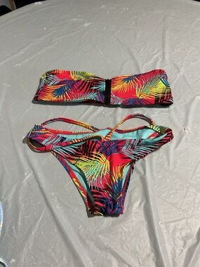 Bright Tropical Palm Print Bikini Set with Aqua Lining 1080